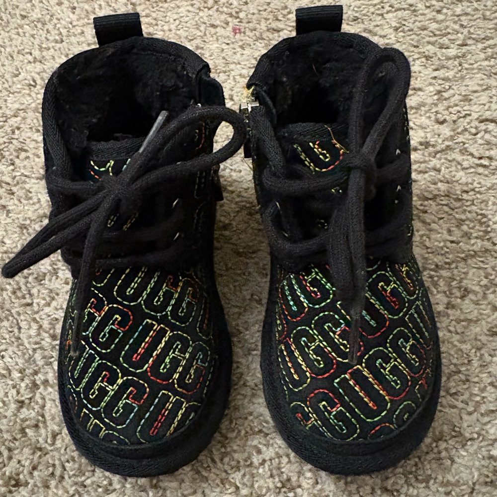 UGG Black Kids Lace-Up Boots with Multicolor Logo Stitching